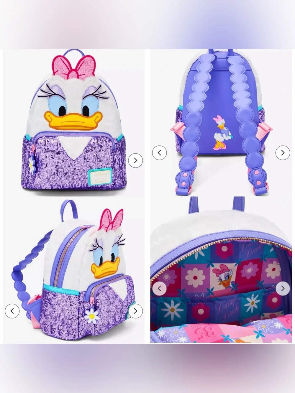 NWOT Loungefly Disney Daisy Duck Plush &
Sequined Mini Backpack